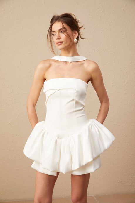 Selmori Aurélie white halterneck ruffled mini dress