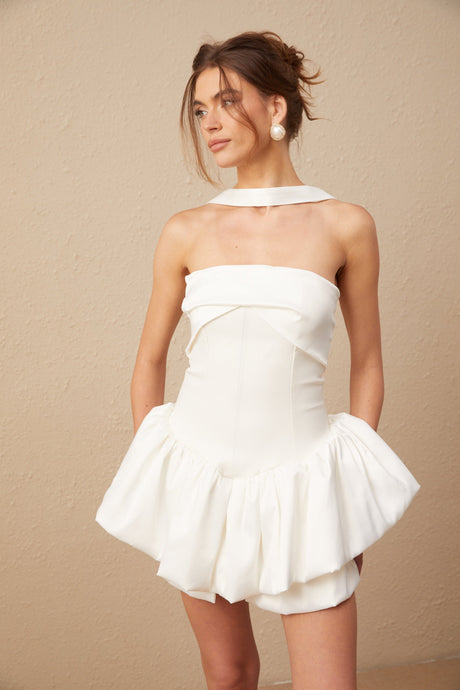 Selmori Aurélie white halterneck ruffled mini dress