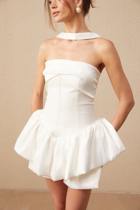 Selmori Aurélie white halterneck ruffled mini dress