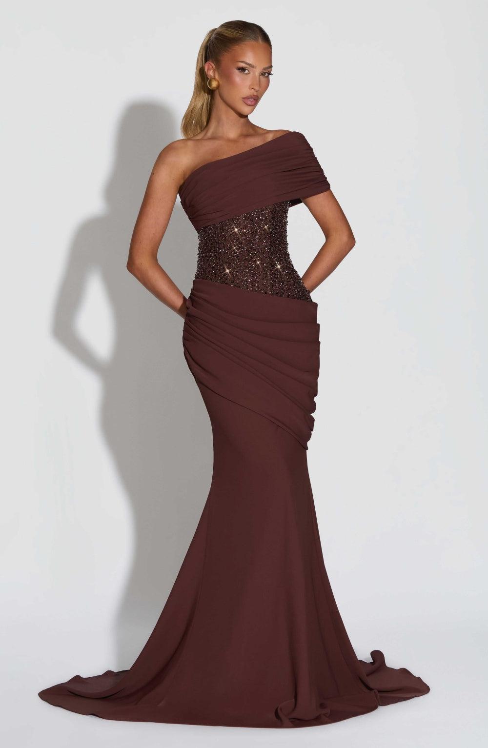 Selmori Cléa Asymmetric Off-Shoulder Maxi Dress Brown