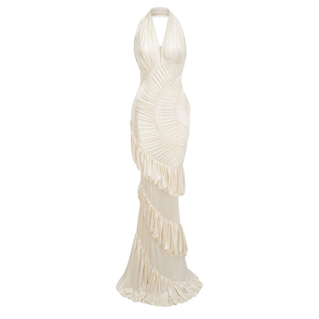 Illusion Halter Neck Pleated Maxi Dress