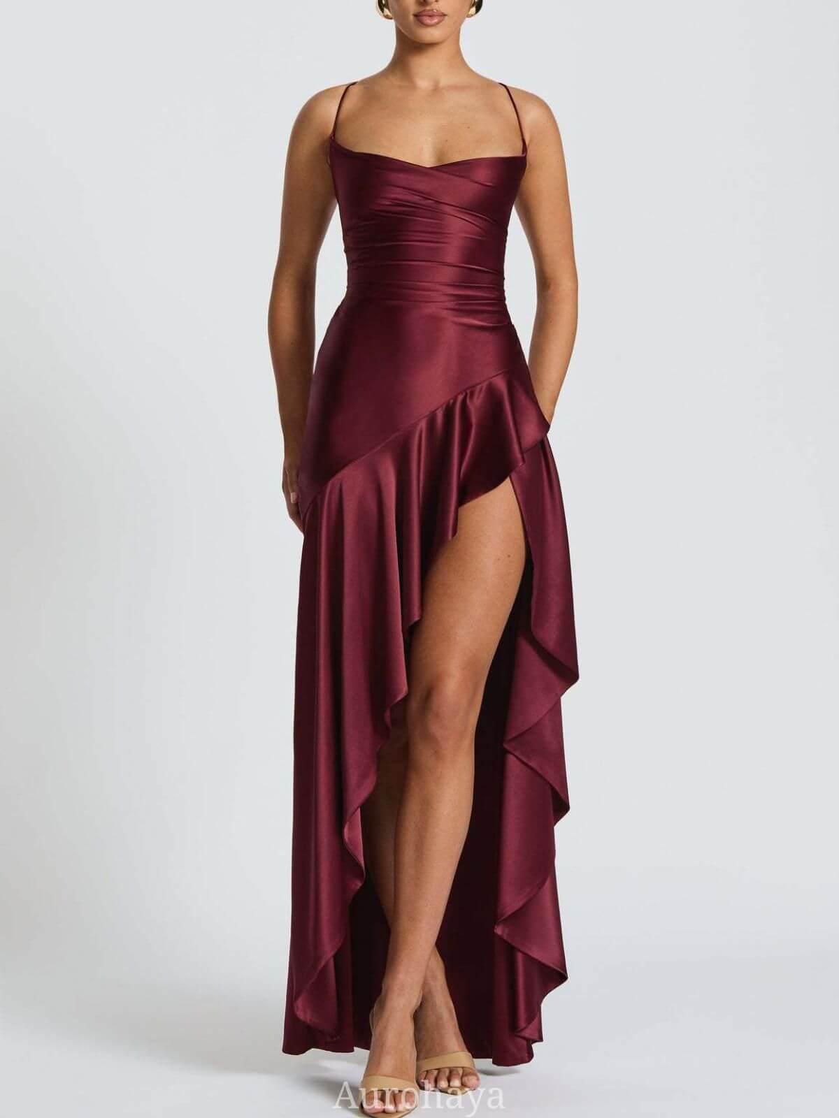 Selmori Delphine Spaghetti-Strap Ruffle Maxi Dress Wine