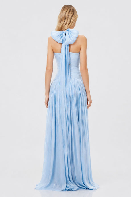 Vraie Plunging V-Neck Pleated Maxi Dress / Blue