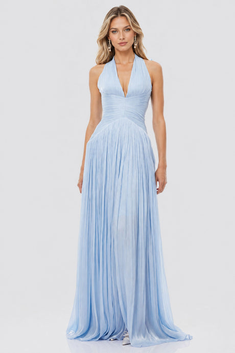 Vraie Plunging V-Neck Pleated Maxi Dress / Blue