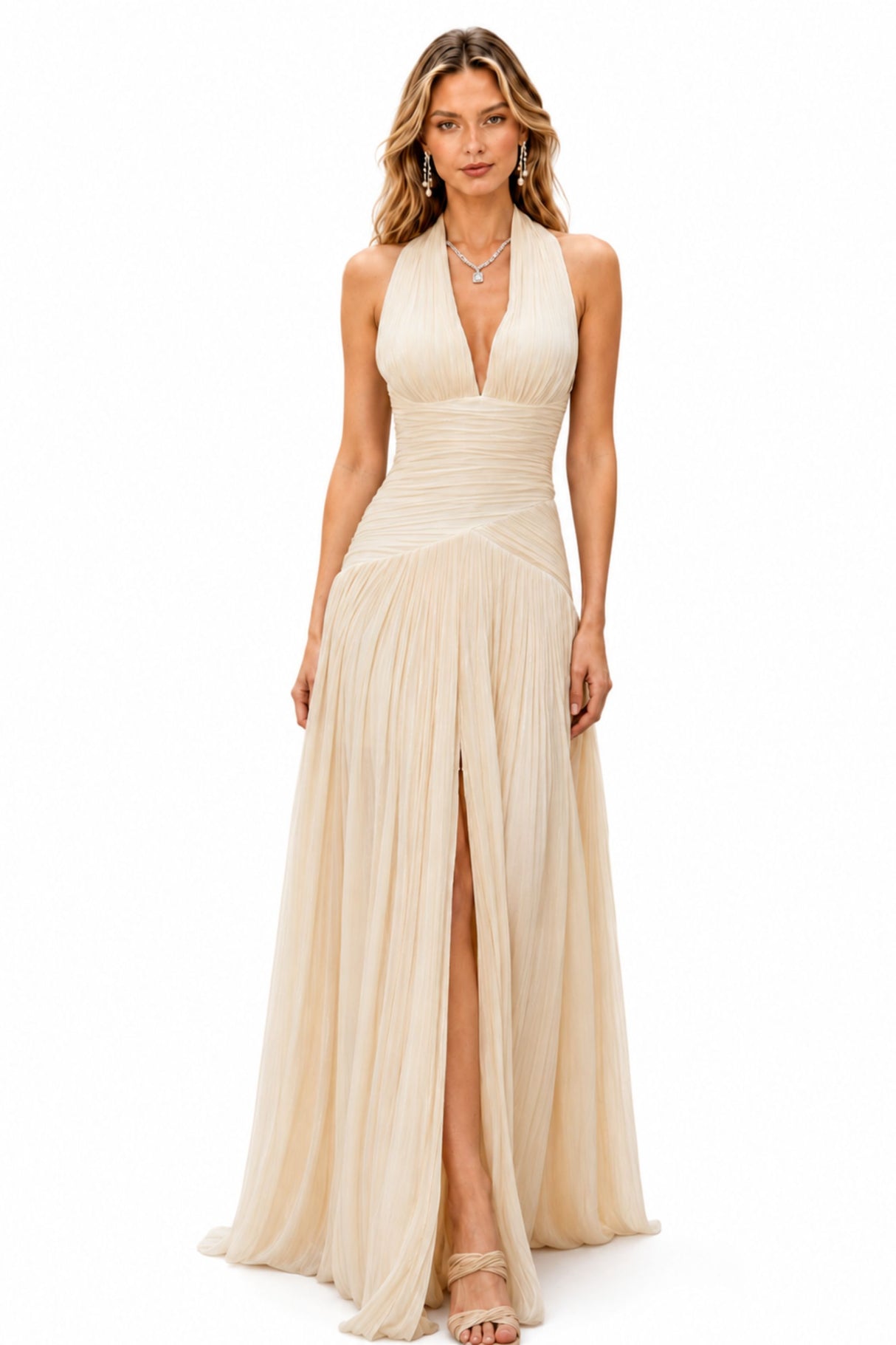 Verdelune Halter Pleated Slit Maxi Dress