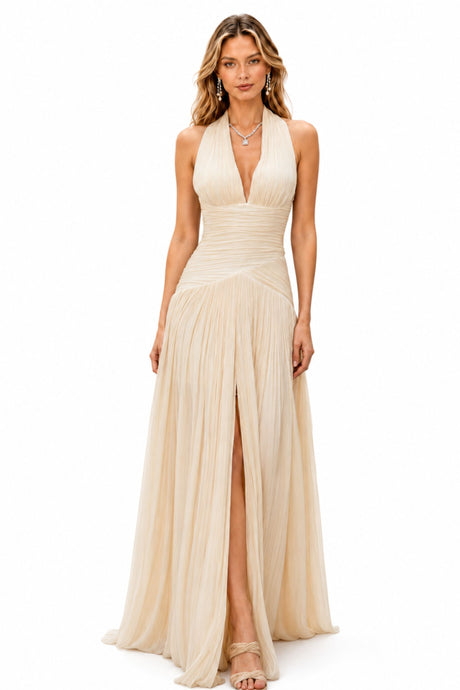 Verdelune Halter Pleated Slit Maxi Dress
