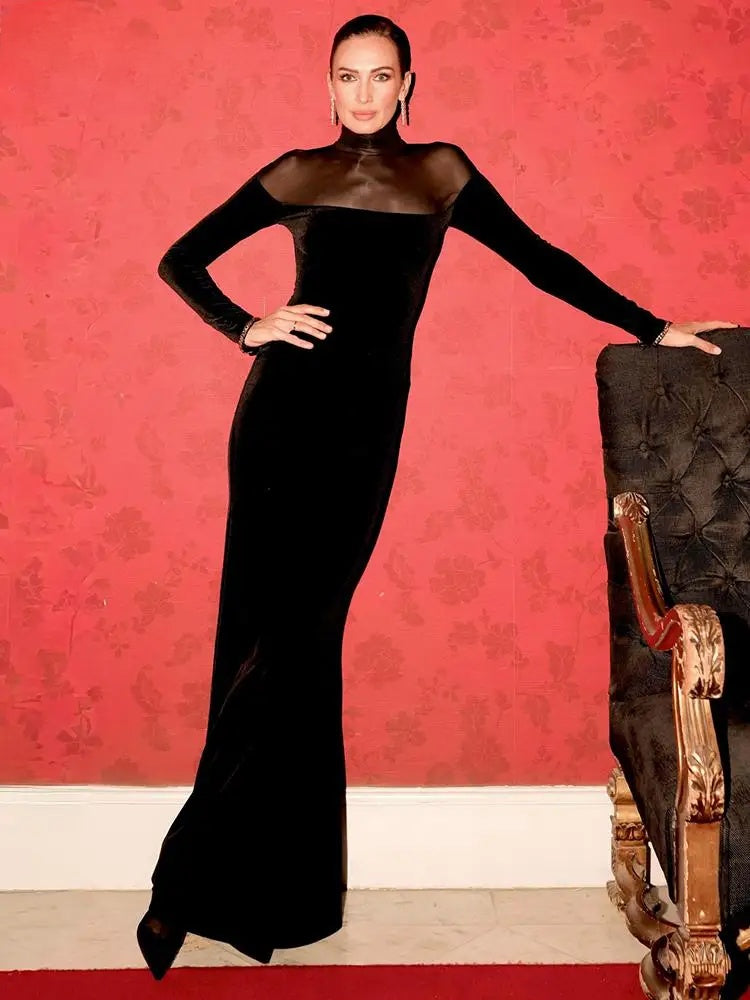 Selmori Philomène Velvet Long Sleeve Evening Maxi Dress
