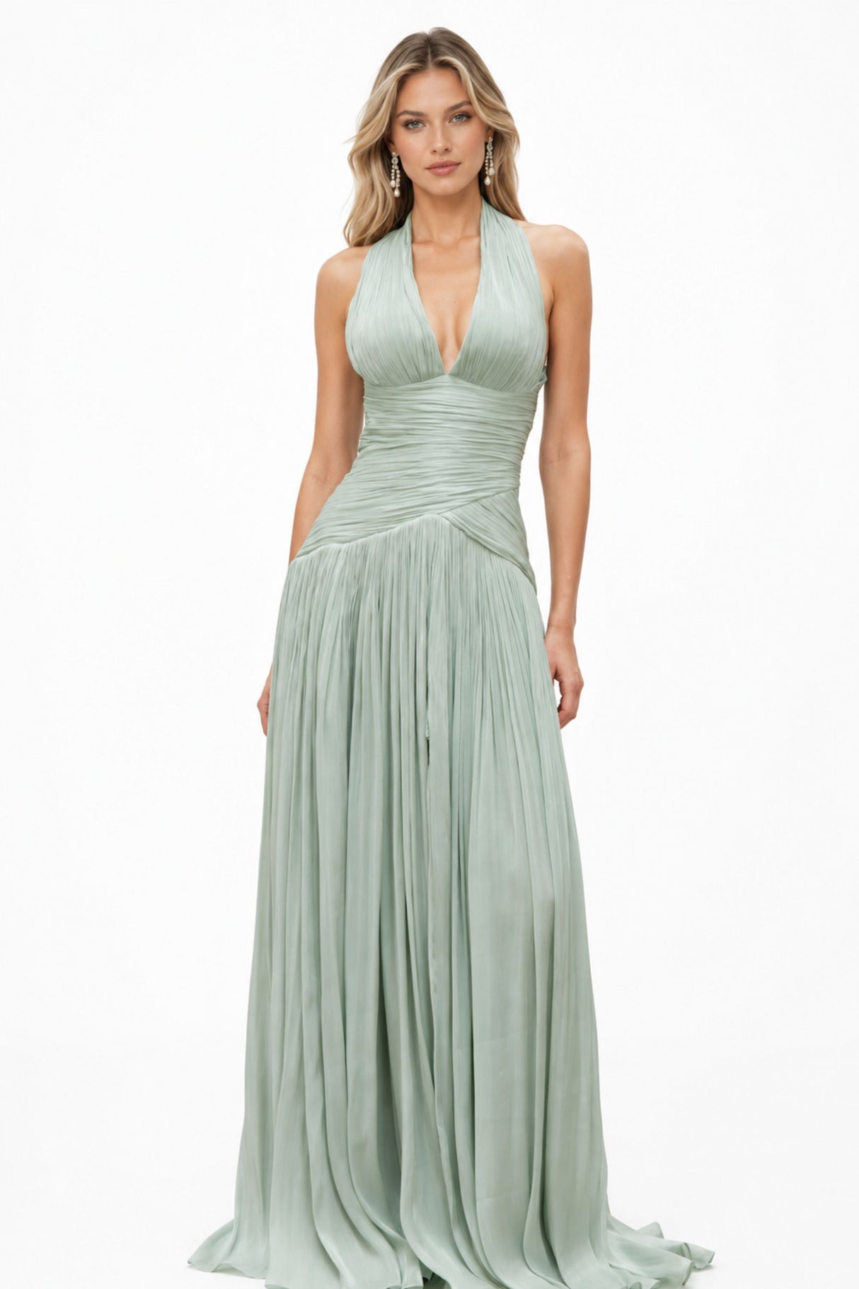 Verdelune Halter Pleated Slit Maxi Dress