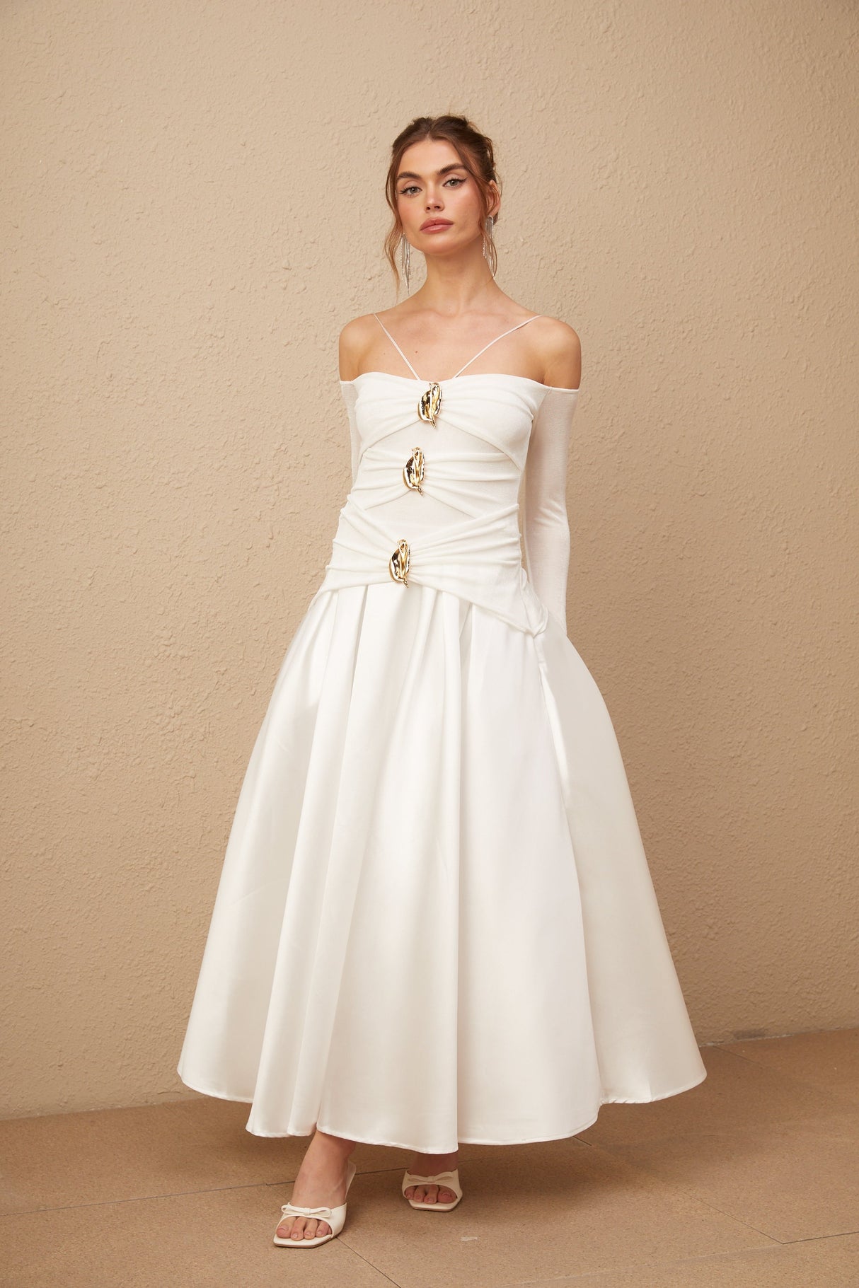 Selmori Noémie off-shoulder panelled maxi dress in White