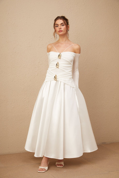 Selmori Noémie off-shoulder panelled maxi dress in White