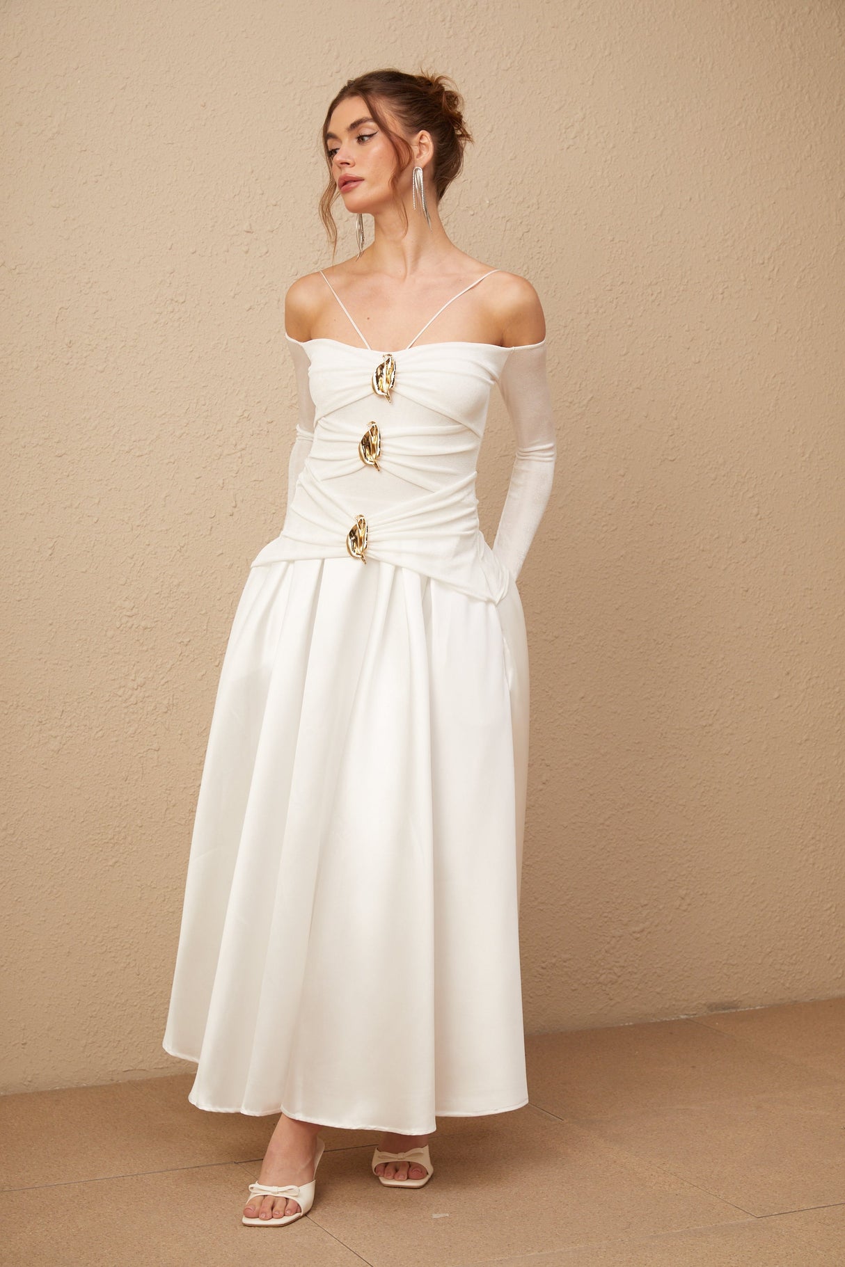 Selmori Noémie off-shoulder panelled maxi dress in White