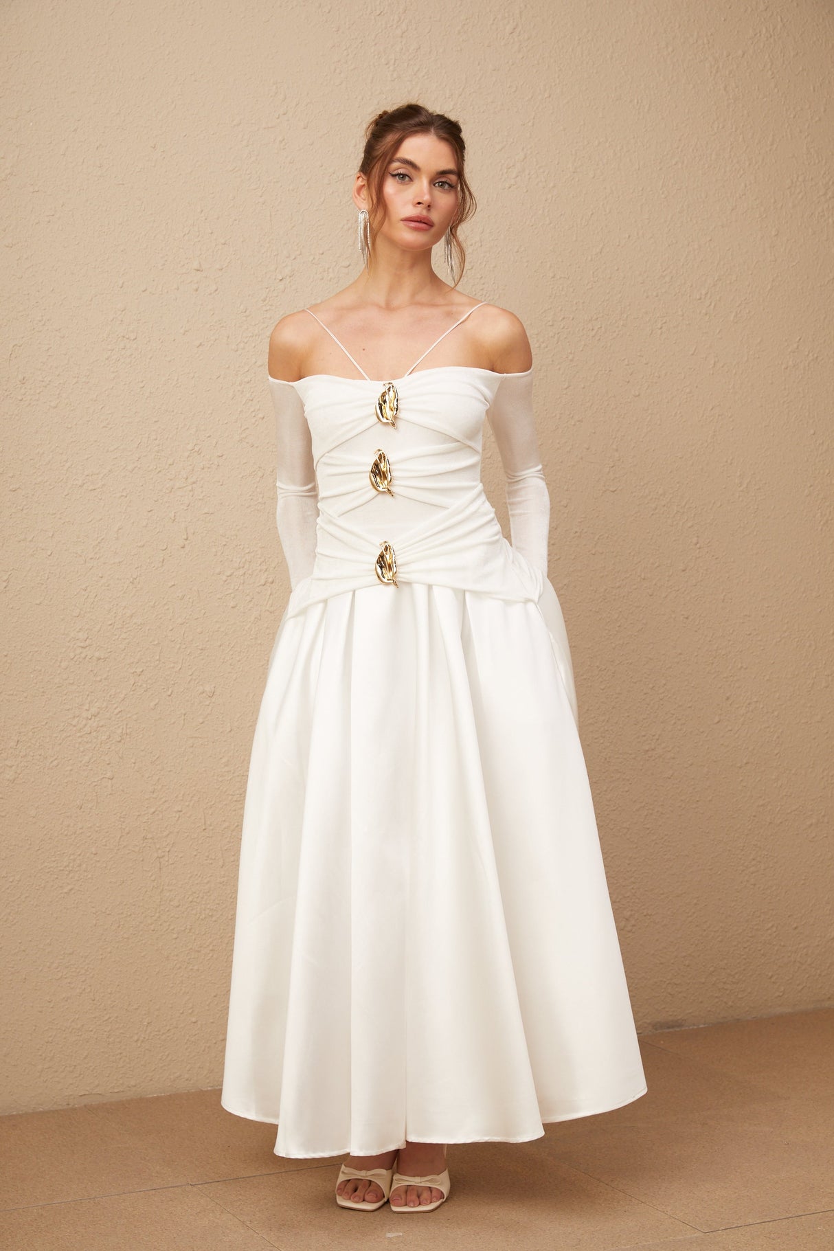 Selmori Noémie off-shoulder panelled maxi dress in White