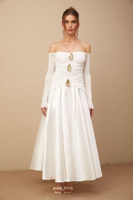 Selmori Noémie off-shoulder panelled maxi dress in White