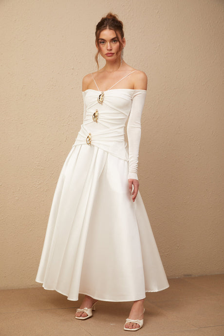 Selmori Noémie off-shoulder panelled maxi dress in White