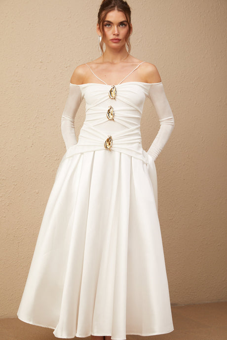 Selmori Noémie off-shoulder panelled maxi dress in White