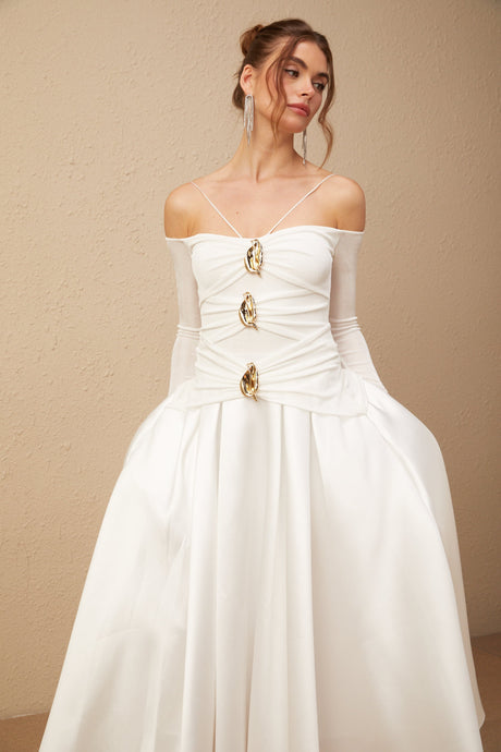 Selmori Noémie off-shoulder panelled maxi dress in White