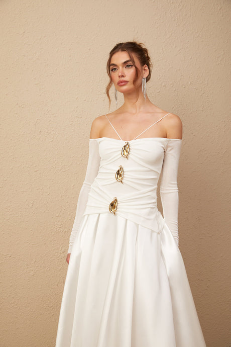 Selmori Noémie off-shoulder panelled maxi dress in White