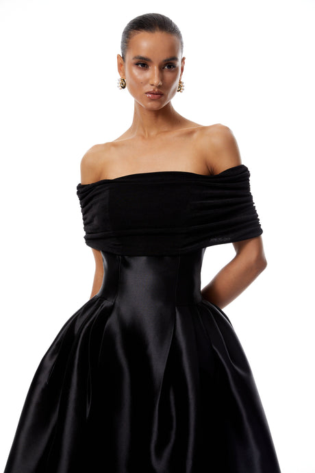 Selmori Anaïs Black Off Shoulder Polished Midi Dress