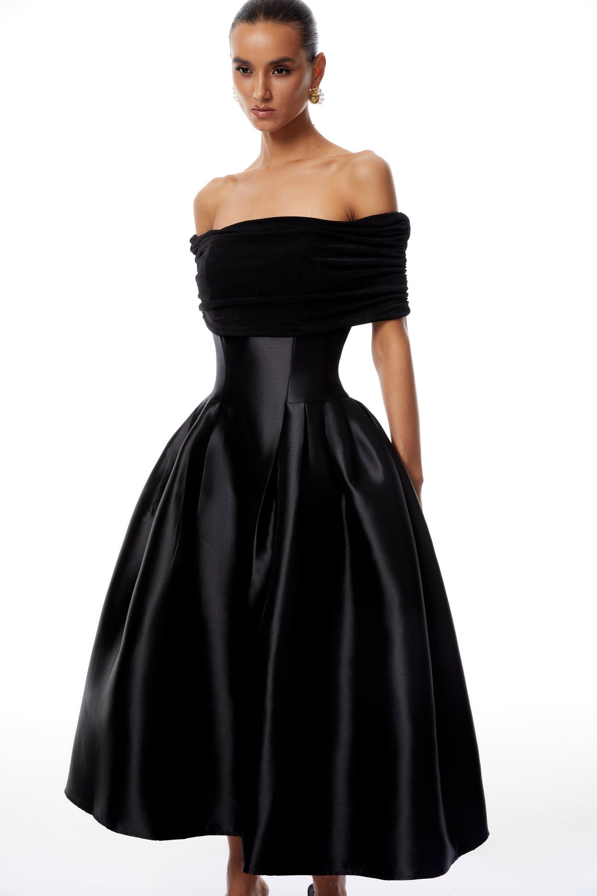 Selmori Anaïs Black Off Shoulder Polished Midi Dress Black