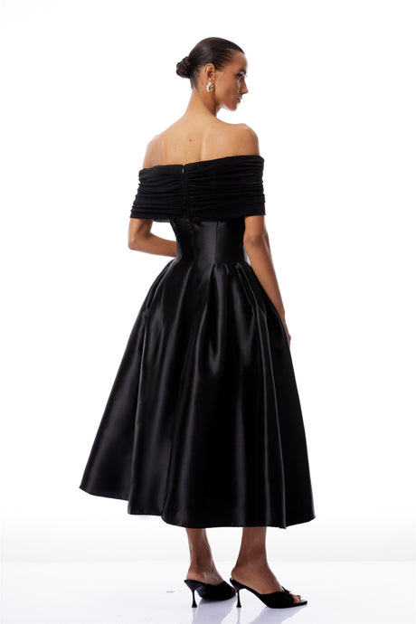 Selmori Anaïs Black Off Shoulder Polished Midi Dress