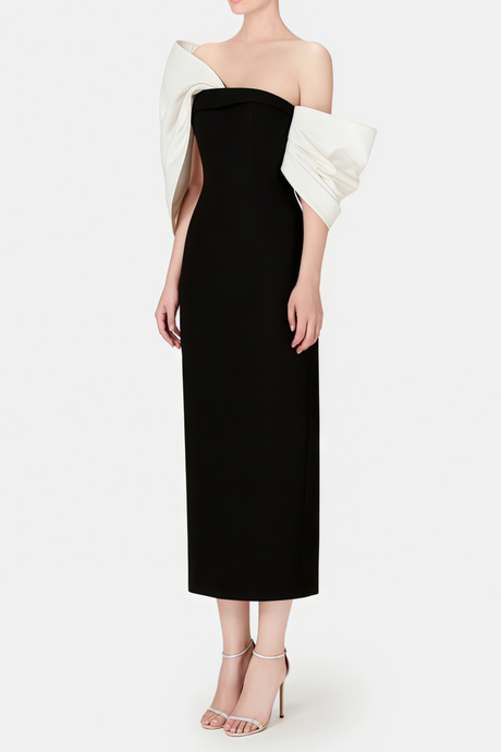 Selmori Mathilde Black Midi Dress with Asymmetrical Bow Detail