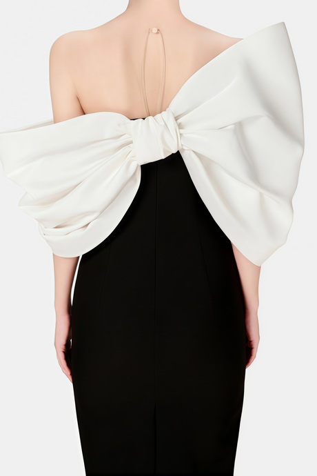 Selmori Mathilde Black Midi Dress with Asymmetrical Bow Detail