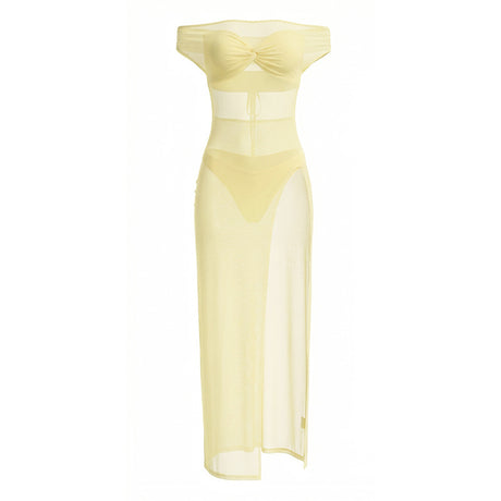 Fantaisie Off Shoulder Mesh Side Slit Maxi Dress