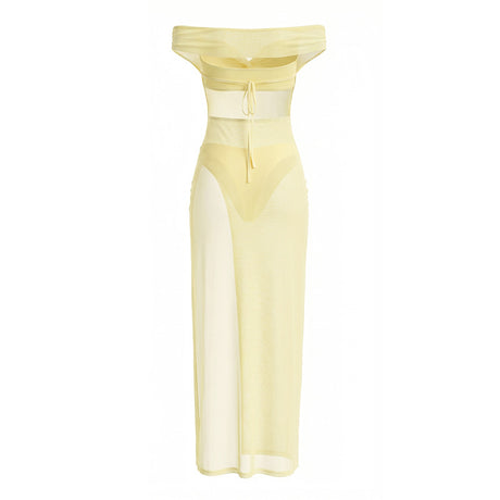 Fantaisie Off Shoulder Mesh Side Slit Maxi Dress