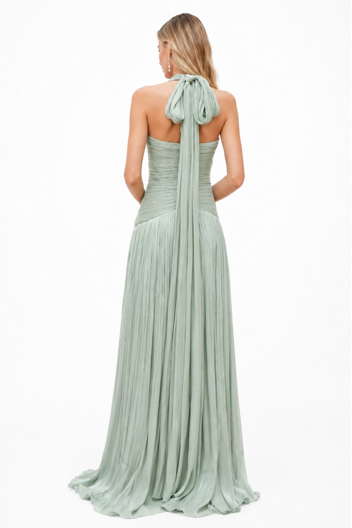 Verdelune Halter Pleated Slit Maxi Dress / Green