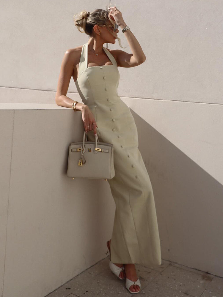 Selmori Fleur Halter Neck Button-Down Maxi Dress