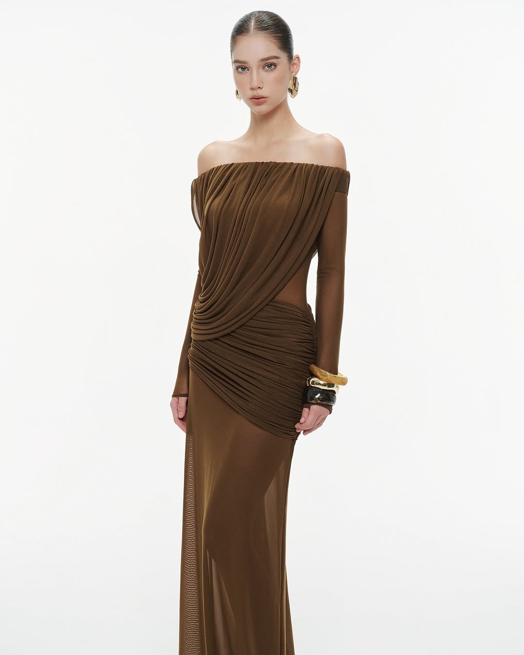 Selmori Apolline Off-Shoulder Draped Evening Maxi Dress