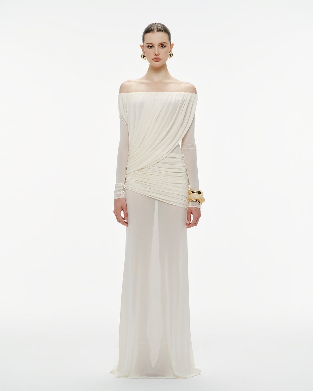 Selmori Apolline Off-Shoulder Draped Evening Maxi Dress Beige