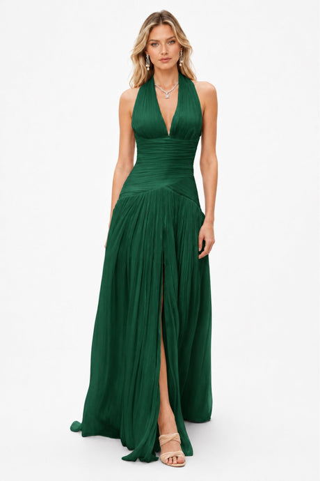 Verdelune Halter Pleated Slit Maxi Dress