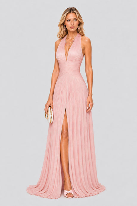 Vraie Plunging V-Neck Pleated Maxi Dress / Rose Pink