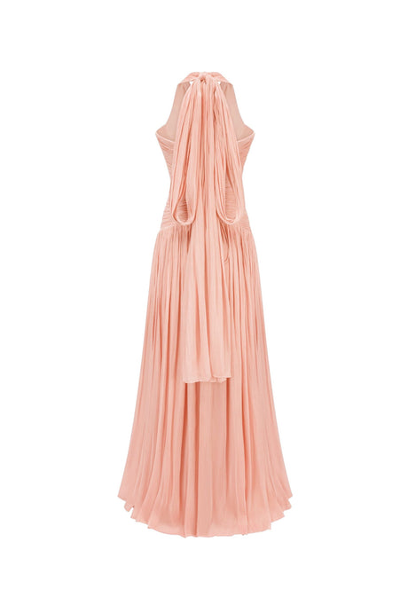 Verdelune Halter Pleated Slit Maxi Dress / Pink