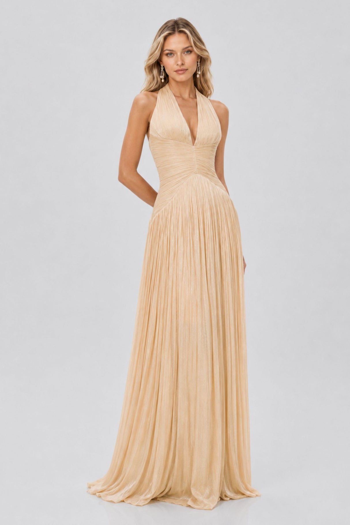 Vraie Plunging V-Neck Pleated Maxi Dress / Beige