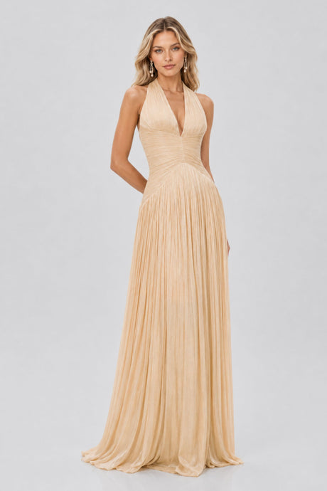 Vraie Plunging V-Neck Pleated Maxi Dress / Beige