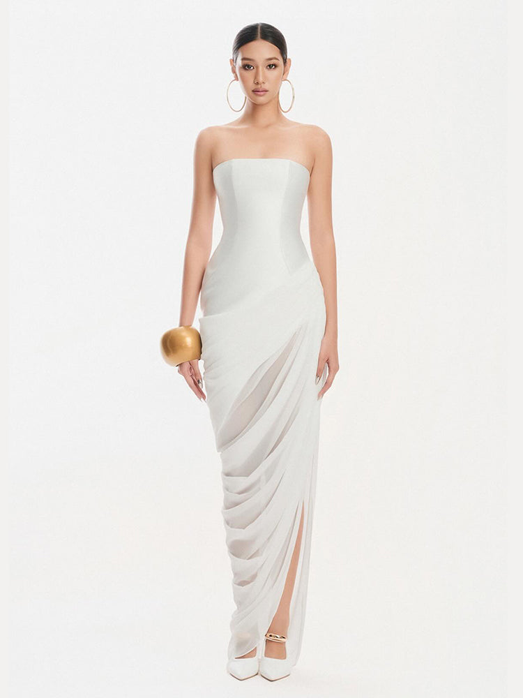 Selmori Gaëlle Strapless Satin Maxi Dress White