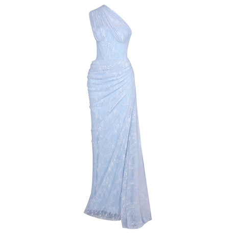 Angélique One Shoulder Draped Lace Maxi Dress / Blue