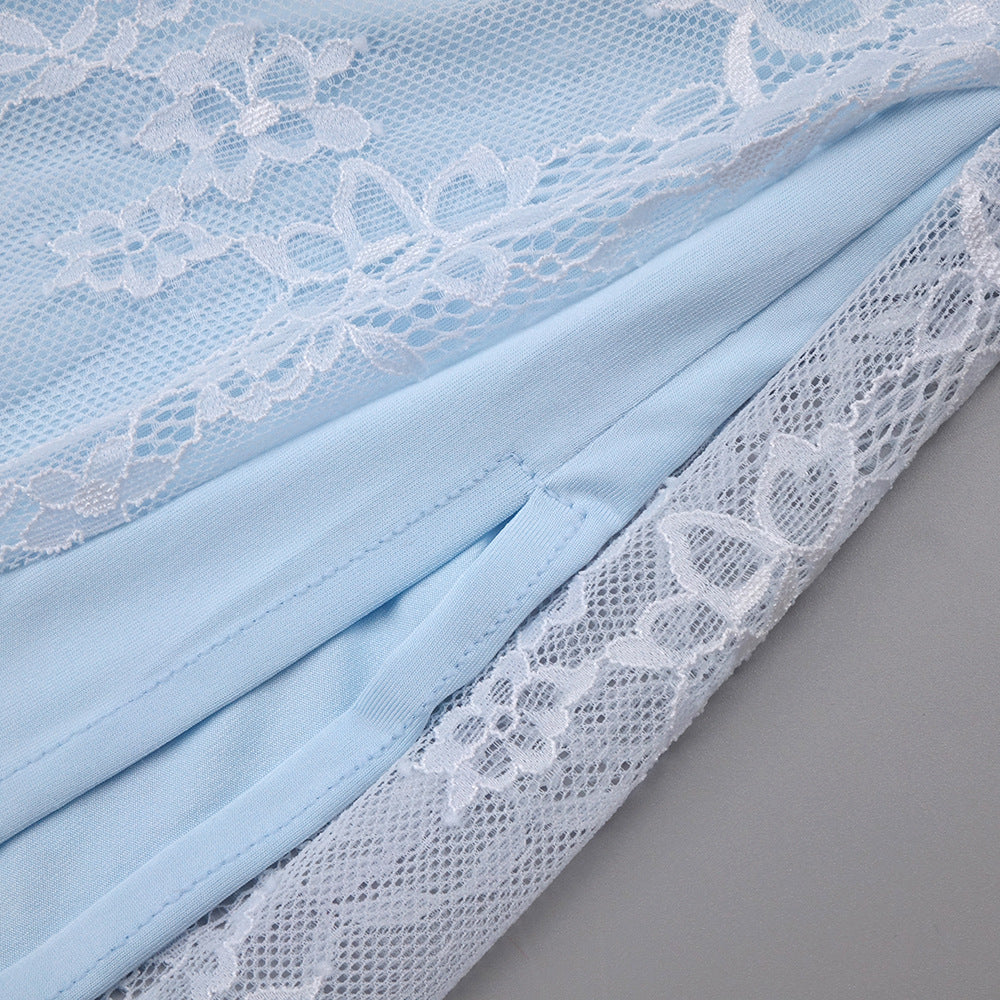 Angélique One Shoulder Draped Lace Maxi Dress / Blue