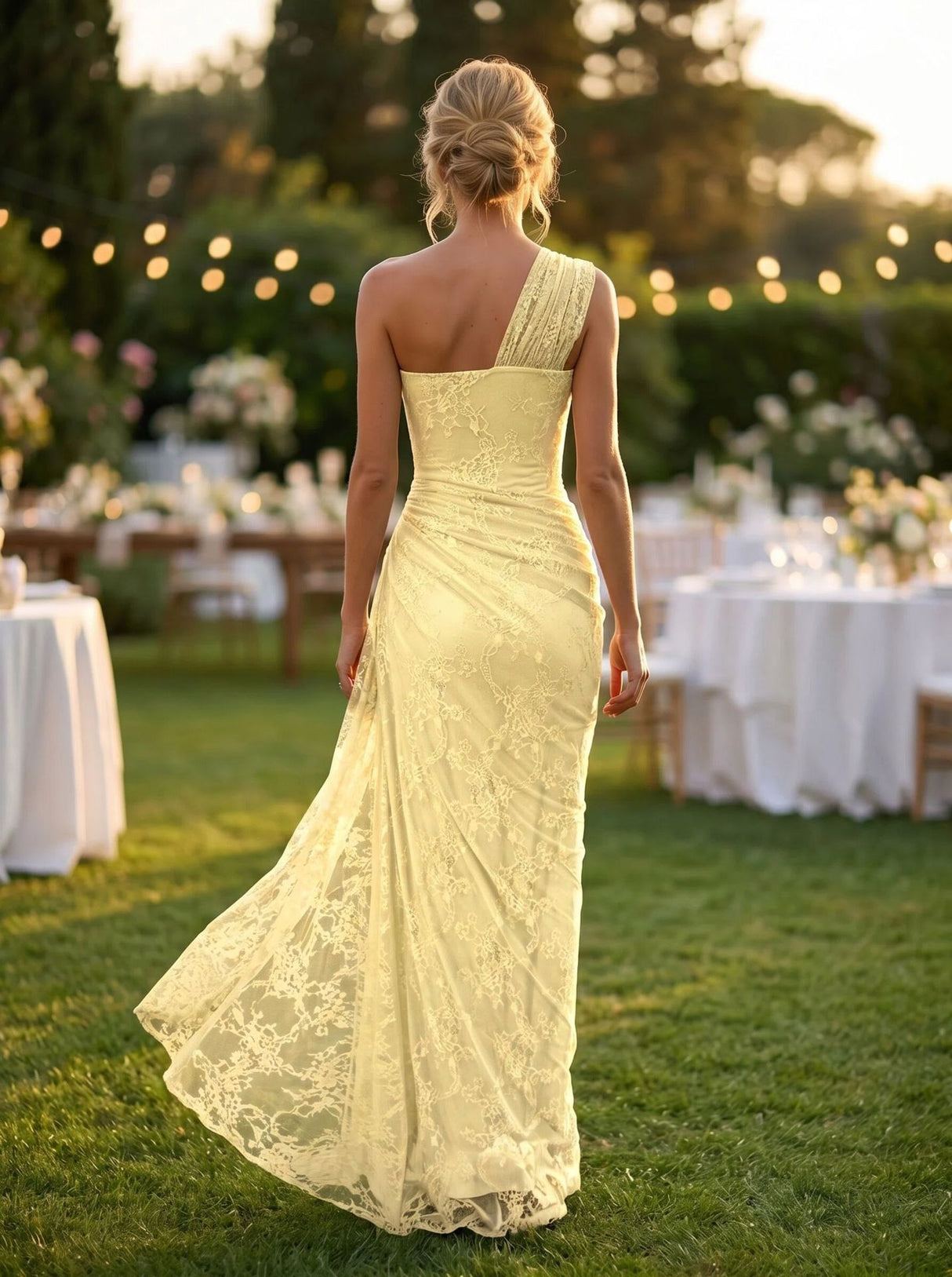 Angélique One Shoulder Draped Lace Maxi Dress Yellow