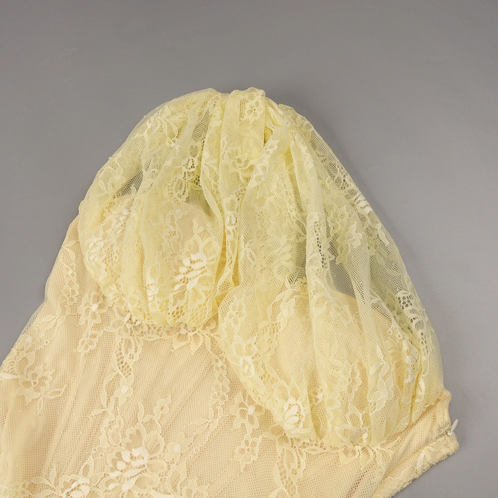 Angélique One Shoulder Draped Lace Maxi Dress Yellow