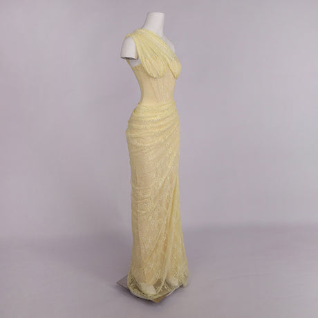 Angélique One Shoulder Draped Lace Maxi Dress Yellow