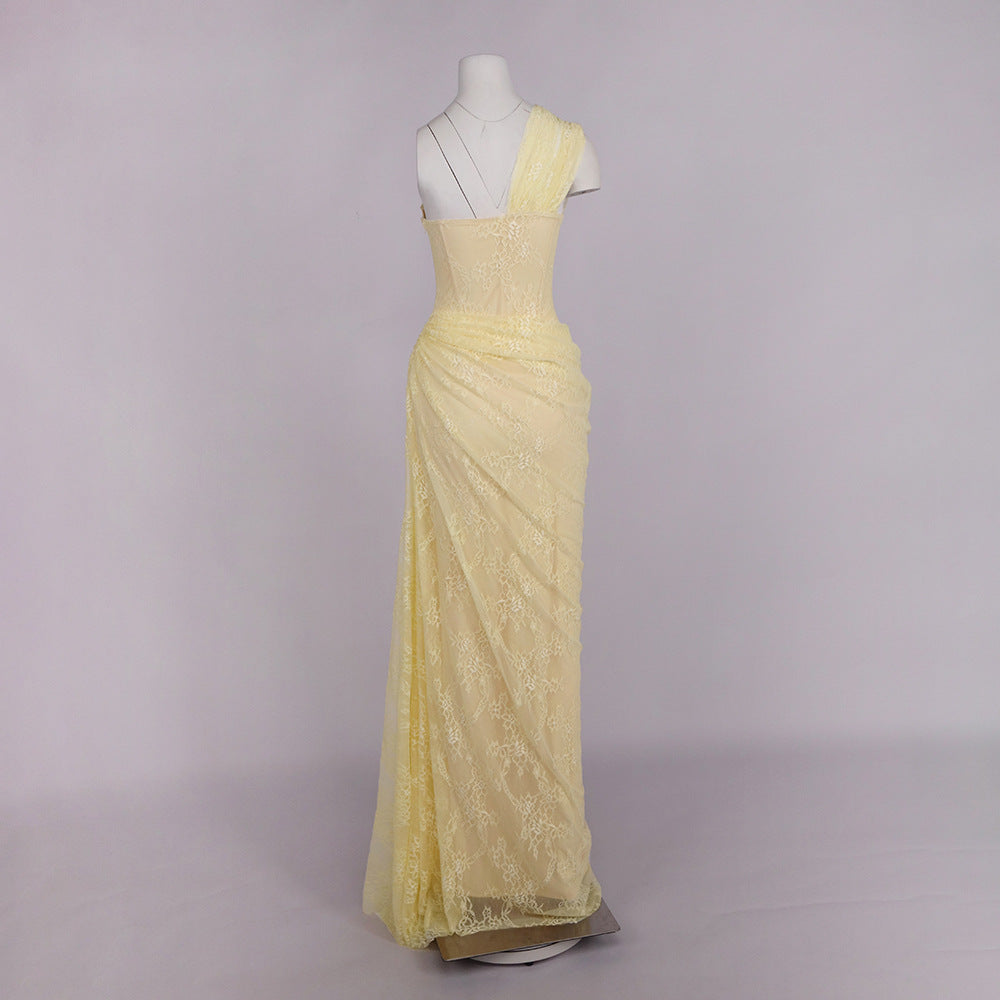 Angélique One Shoulder Draped Lace Maxi Dress Yellow