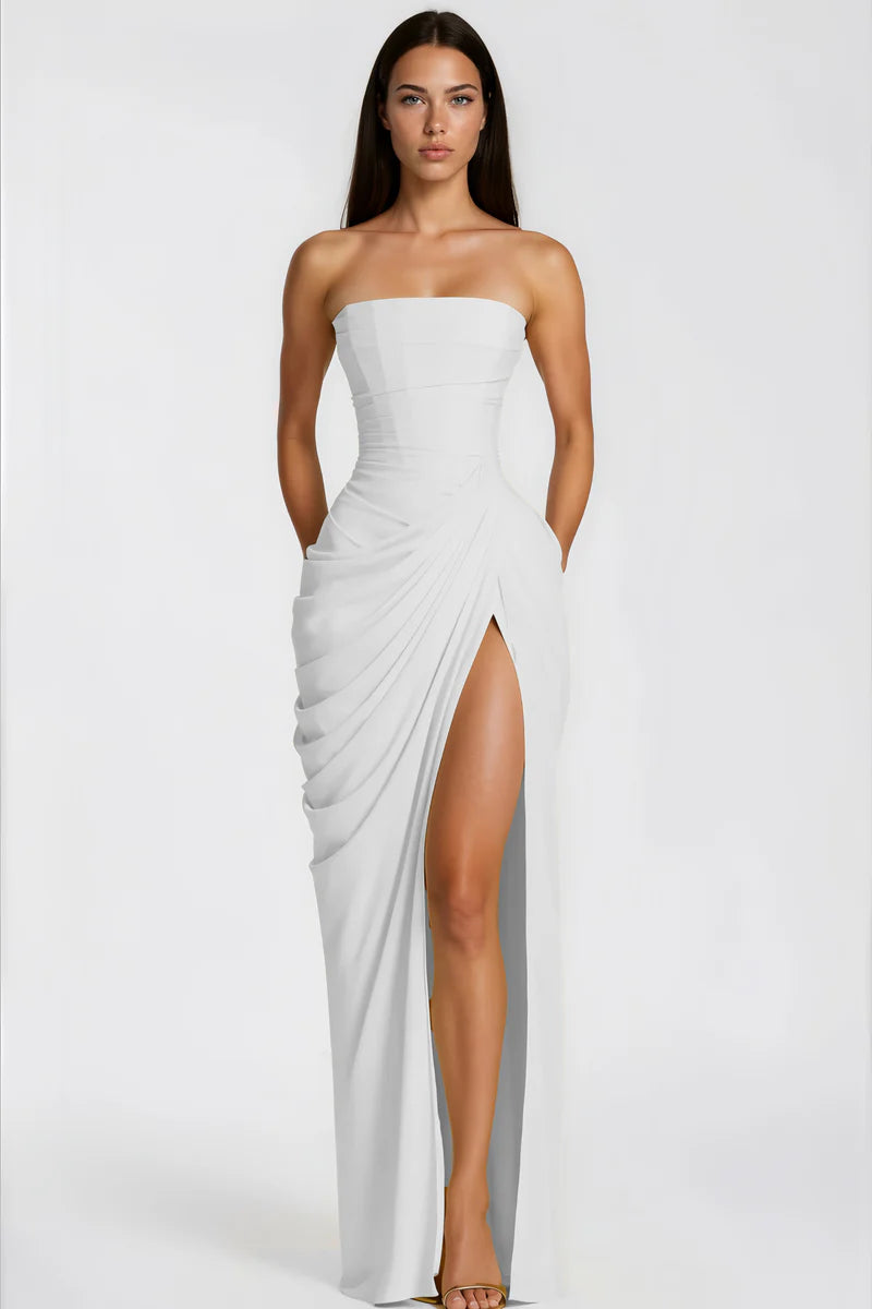 Azalée Strapless Draped High-Slit Maxi Dress / White