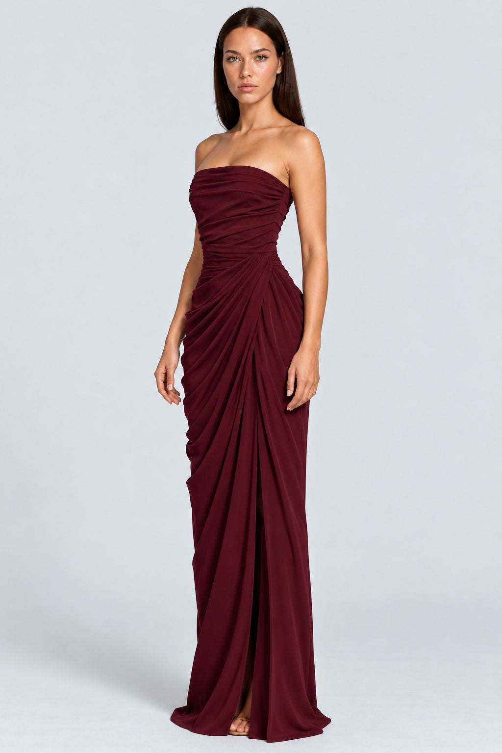 Azalée Strapless Draped High-Slit Maxi Dress - Burgundy_-_selmori.com_-_05