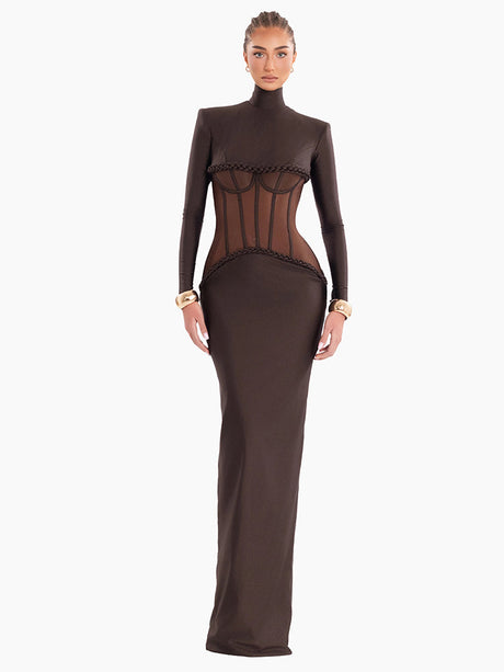 Selmori Laurence Mock Neck Corset Maxi Dress Brown