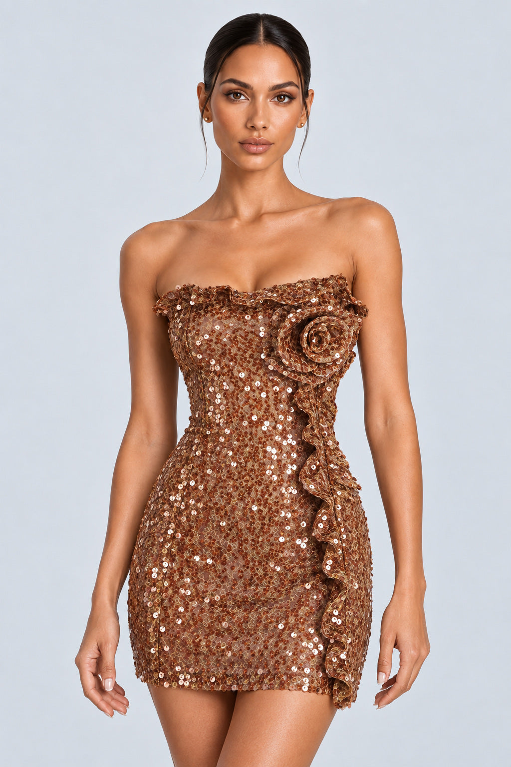Calanthe Strapless Rosette Sequin Mini Dress - Khaki_-_selmori.com_-_07