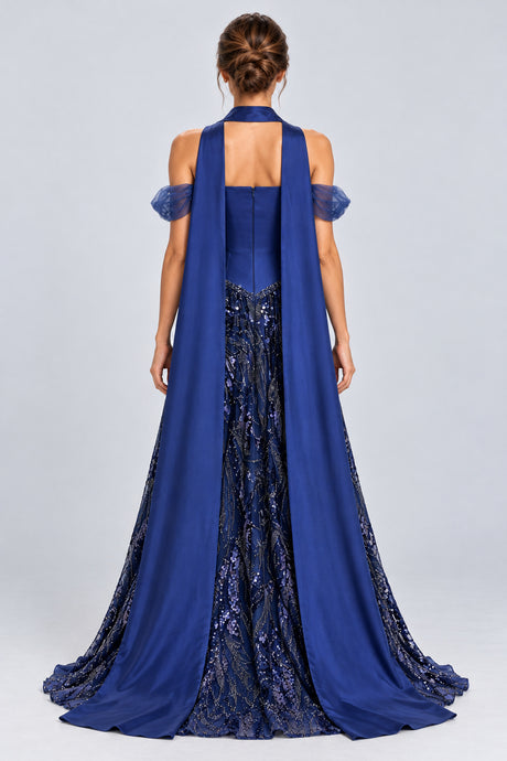 Célestiane Off Shoulder Beaded Maxi Dress with Scarf - Blue_-_selmori.com_-_02
