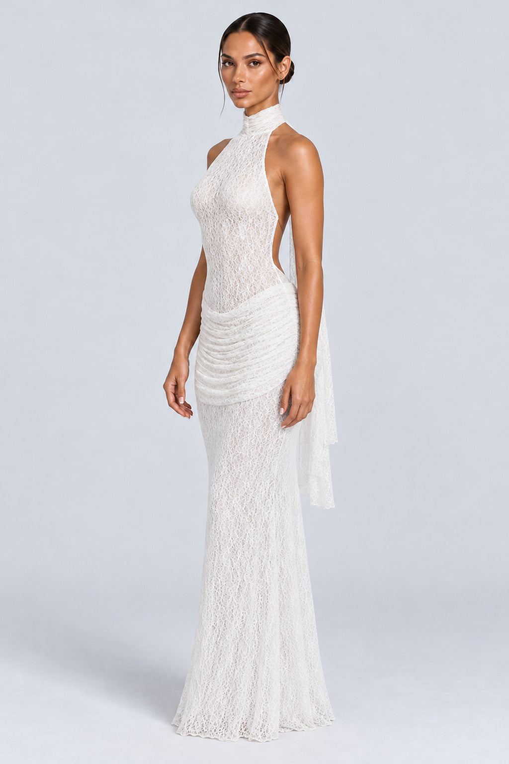 Cléophée Lace Halter Ruched Maxi Dress - White_-_selmori.com_-_05